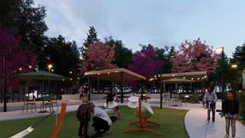 A rendering of a park with tables and benches and trees